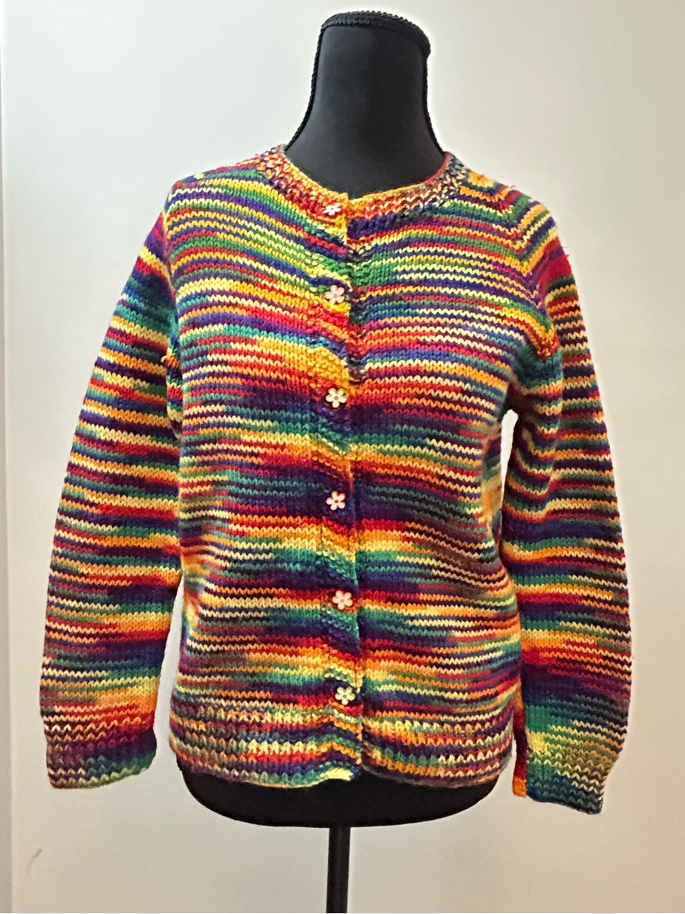 Handmade Rainbow Striped Knit Cardigan Daisy Button Sweater Boho Est Size Small